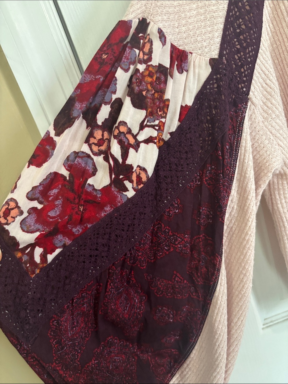 Free People Light Pink Sweater Top with Burgundy Floral Balloon Sleeves - Picture 5 of 10